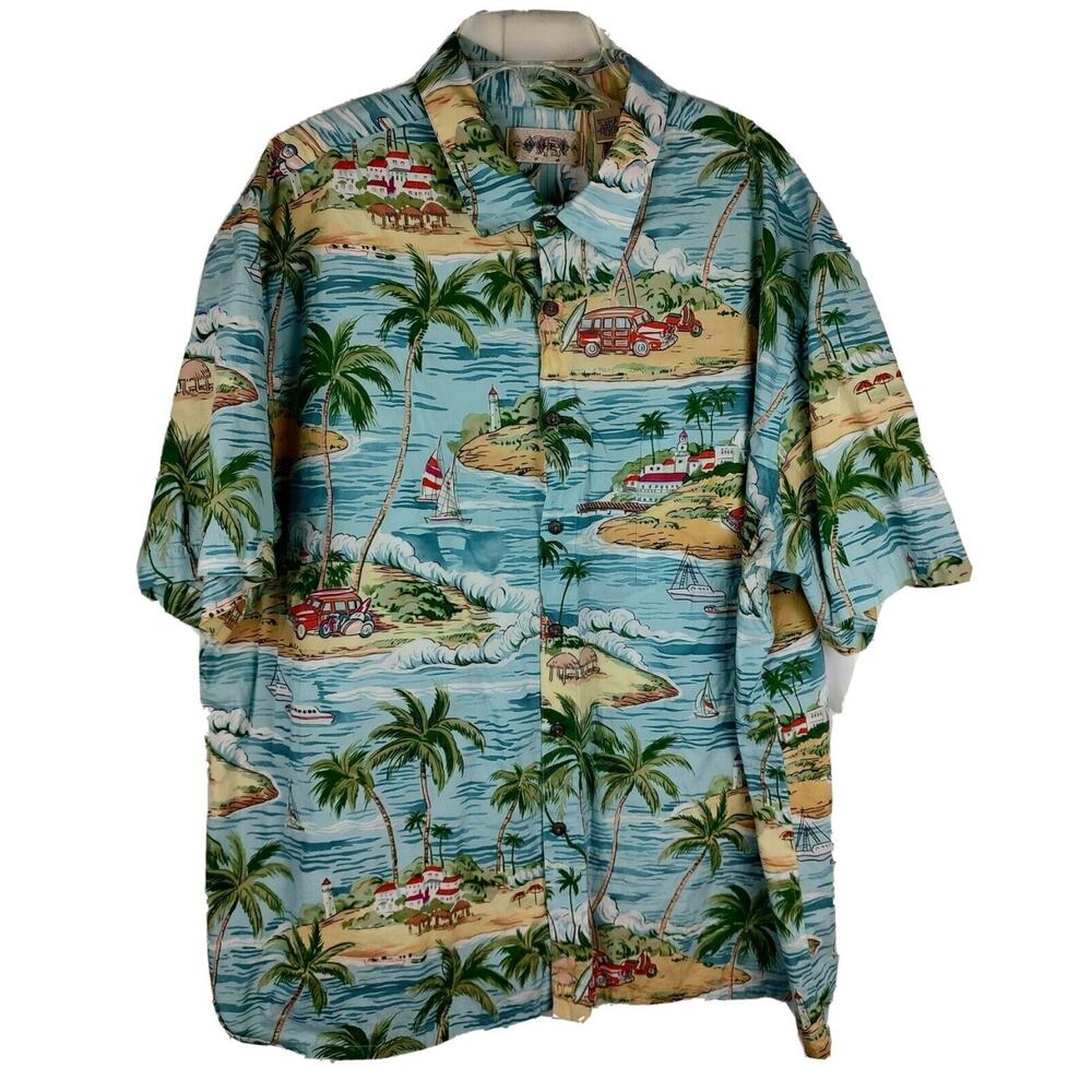 Campia‎ Moda Mens XXL Tropical Island Woody Wagon Cotton Hawaiian Shirt Blue